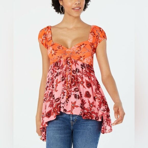 Free People Tops - Free People Orange and Pink Floral Tunic